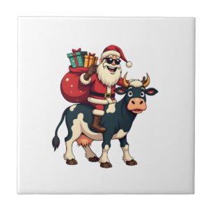 Carreau Vintage Bigfoot Santa à cheval sur une vache Noël