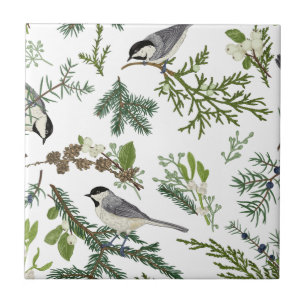 Carreau Vintage Birds Green Flora Chickadee Art Nouveau