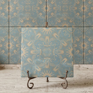 Carreau Vintage Bleu Ardoise Beige Floral Damassé Marocain