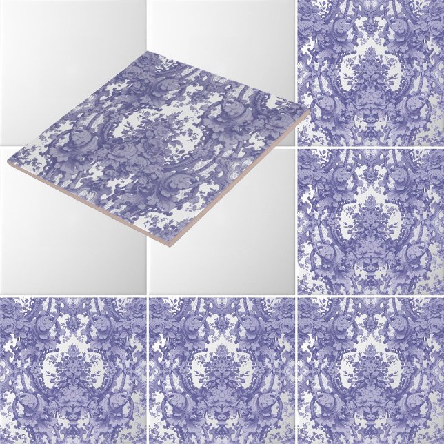 Carreau Vintage Bleu & Blanc Baroque Rococo Rose Motif (Créateur téléchargé)