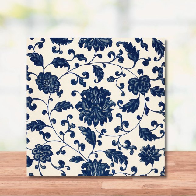 Carreau Vintage Bleu + Blanc Chinoiserie Motif Floral (A beautiful vintage blue+ white chinoiserie pattern tile. Great for a modern farmhouse kitchen.)
