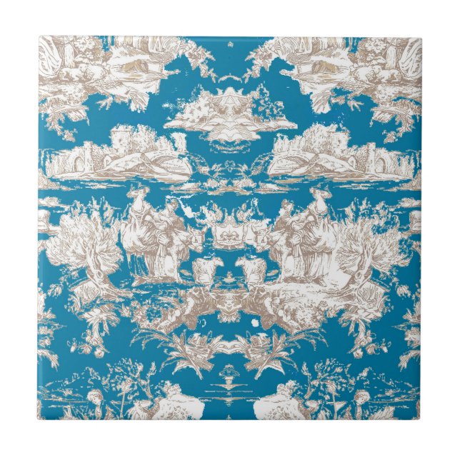 Carreau Vintage bleu turquoise toile de jouy monogramme (Devant)