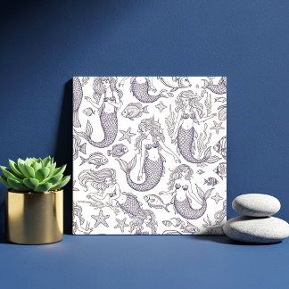 Carreau Vintage Blue Mermaid & Sea Life Pattern