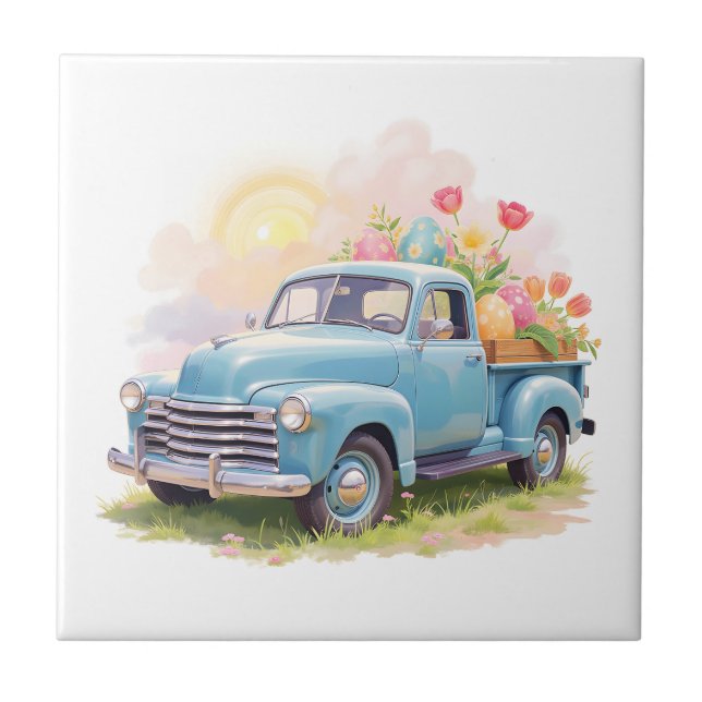 Carreau Vintage Blue Truck with Easter Eggs & Tulips (Devant)