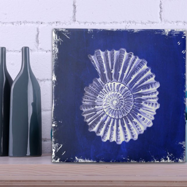 Carreau vintage botanique Côte Bleu Coquille blanche (vintage botanical Coastal Blue White seashell Tile)
