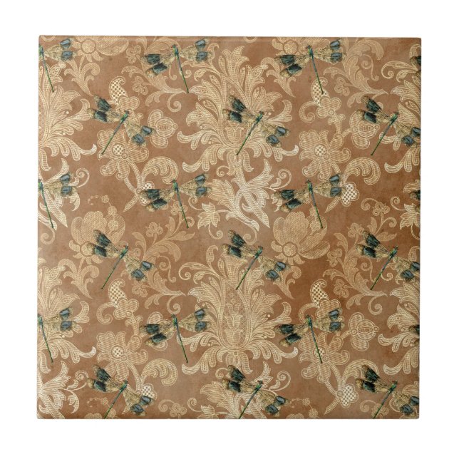 Carreau Vintage Brown Damask Floral Green Dragonflies (Devant)