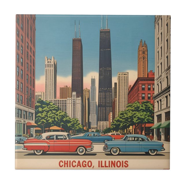 Carreau Vintage Chicago Illinois City Skyline Retro Travel (Devant)