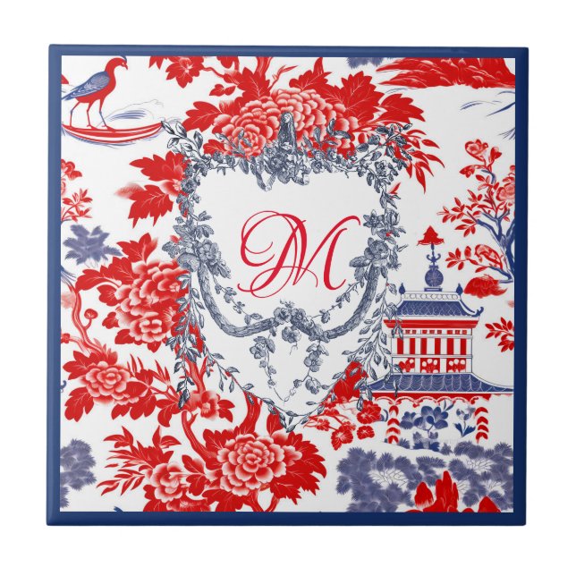Carreau Vintage Chinoiserie Delft Français rouge bleu mono (Devant)