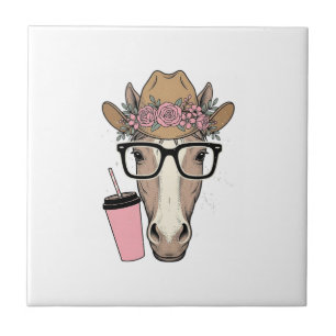 Carreau Vintage Cowgirl Cheval Avec Fleurs et Boisson Rose