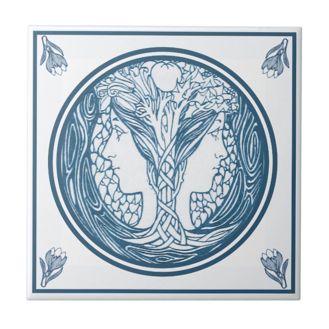 Carreau Vintage Delft Bleu Art Nouveau Deux femmes (Devant)