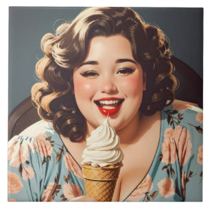 Carreau Vintage Femme Heureuse Mangeant de la crème glacée