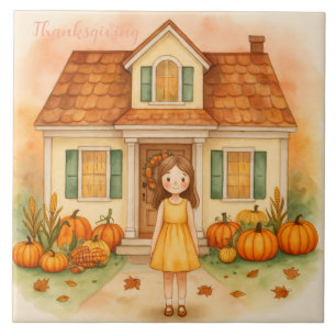 Carreau Vintage, fille mignonne et Citrouilles de récolte