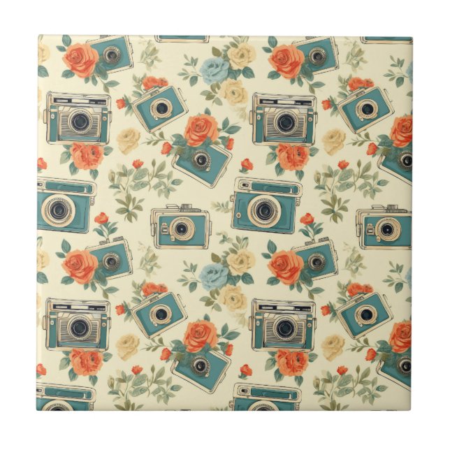 Carreau Vintage Floral & Motif de caméra (Devant)