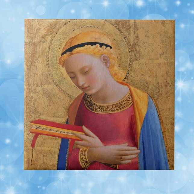 Carreau Vintage Golden Holy (Christian religious female figure golden halo holding book on decorative ceramic tile.)