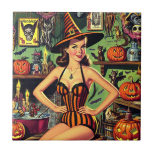 Carreau Vintage Halloween mignonne sorcière Pinup