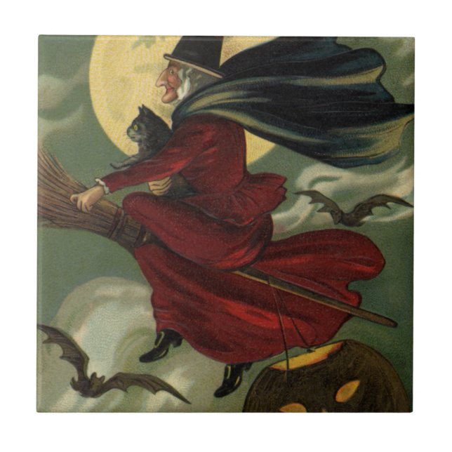 Carreau Vintage Halloween sorcière Broomstick avec chat (Devant)
