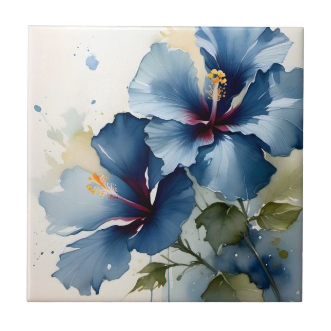 Carreau Vintage joli bleu hibiscus aquarelle peinture (Devant)