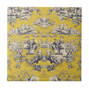 Carreau Vintage lac fleuri jaune toile de jouy monogramme
