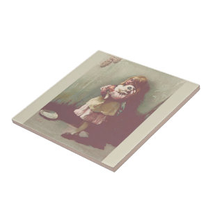 Carreau Vintage livre d'histoires Jolie fille enfant avec