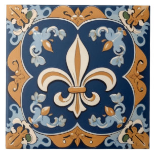 Carreau Vintage Marine d'Antiquité Bleu & Or Fleur de Lis