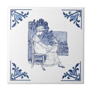 Carreau Vintage mère et enfant Delft bleu et blanc