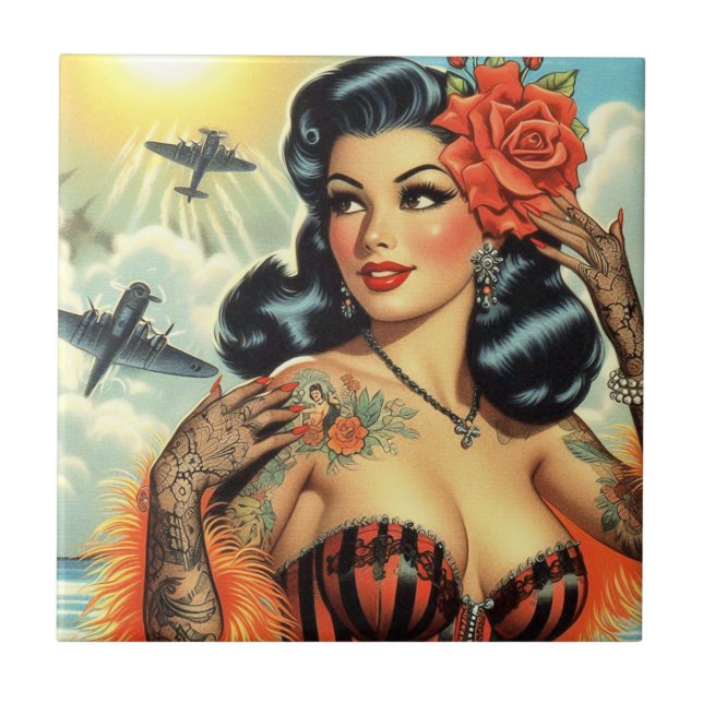 Carreau Vintage mignonne fille de tatouage (Devant)