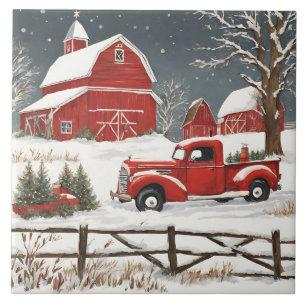 Carreau Vintage Noël Camion Rouge, Grange, Campagne