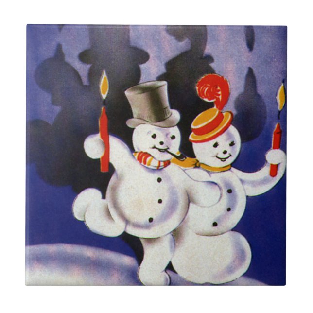 Carreau Vintage Noël Dancing Snowmen avec bougies (Devant)