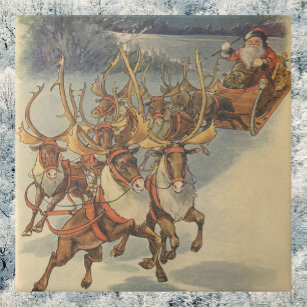 Carreau Vintage Noël Père Noël Sleigh avec Reindeer