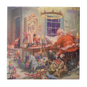 Carreau Vintage Noël, Santa Claus avec Elves Atelier