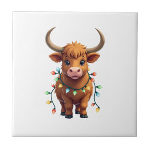 Carreau Vintage Noël Vache des Highlands Mignon Retro Fête