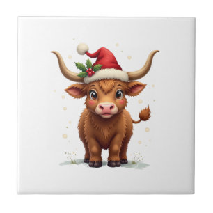 Carreau Vintage Noël Vache des Highlands Mignonnes Fêtes d