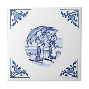 Carreau Vintage Parasol Girls Delft Corner Bleu et Blanc