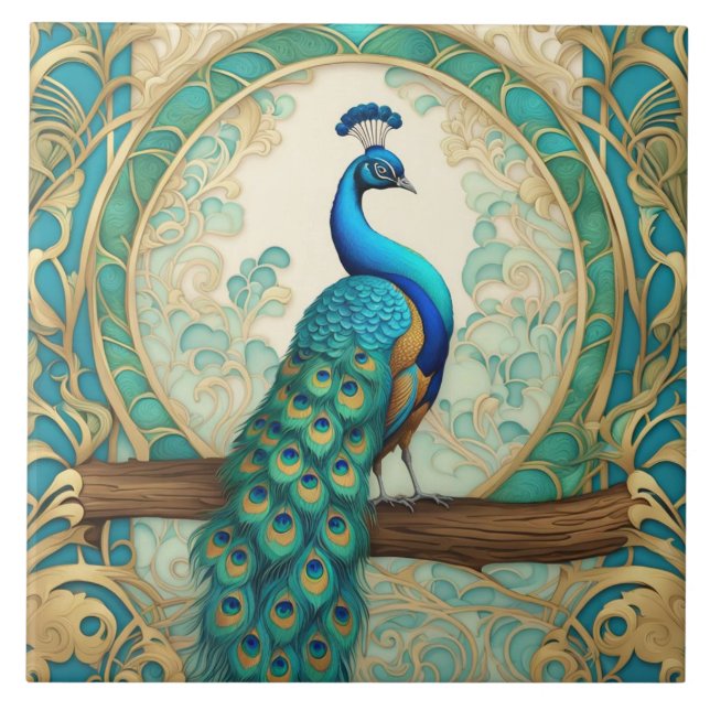 Carreau Vintage Peacock Bird Art Nouveau Art Déco (Devant)