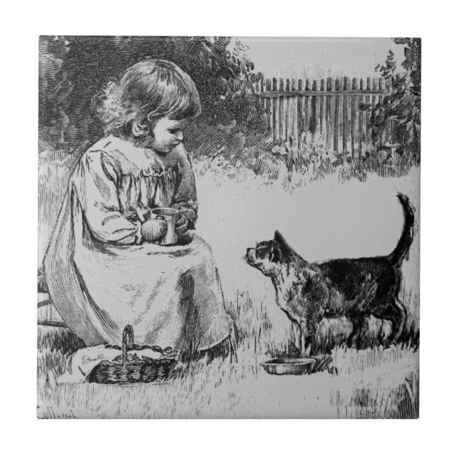 Carreau Vintage petite fille et chaton (Devant)