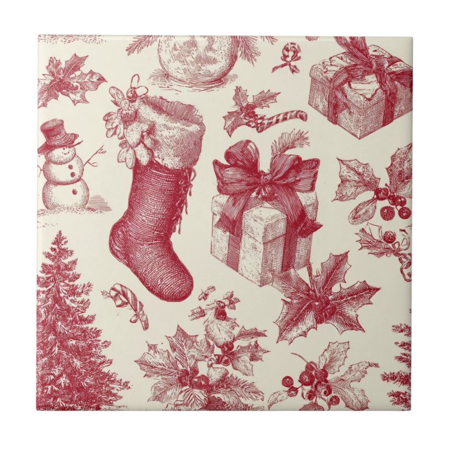 Carreau Vintage Red Toile Christmas Pattern with Stockings (Devant)