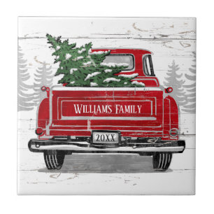 Carreau Vintage Red Truck Christmas Tree Nom de famille
