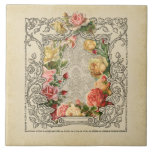Carreau Vintage romantique Roses sculptés<br><div class="desc">Couches de beaux roses sculptés dans les tons pastel rose, jaune et pêche au sein d'une dimension ornée gravé vintage cadre rustique sur un arrière - plan damassé ecru. Note : Sculpté, gravé, gaufré et les effets dimensionnels, l'aspect stratifié, vieilli ou érodé, les textures et les ombres réalisées numériquement. Le...</div>