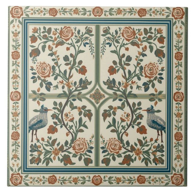 Carreau Vintage Rose Garden Bird Border Pattern (Devant)