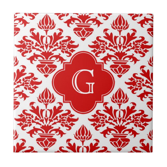 Carreau Vintage rouge floral Damask #3 avec Monogram LG (Devant)