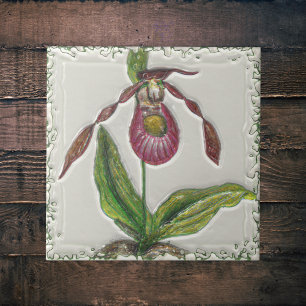 Carreau Vintage rouge foncé Lady Slipper Orchid Botanique