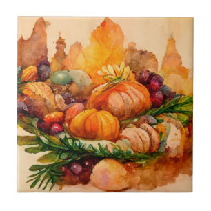 Carreau Vintage Rustique Aquarelle Récolte de citrouill