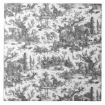 Carreau Vintage Rustique Ferme Français Toile-Noir & Blanc<br><div class="desc">Ce motif de toile de jouy vintage restauré datant d'environ 1780 présente des scènes de la vie agricole rustique joyeuse comprenant des animaux,  des ruines antiques,  des cottages et des paysans engagés dans le travail et jouer en noir sur arrière - plan blanc.</div>