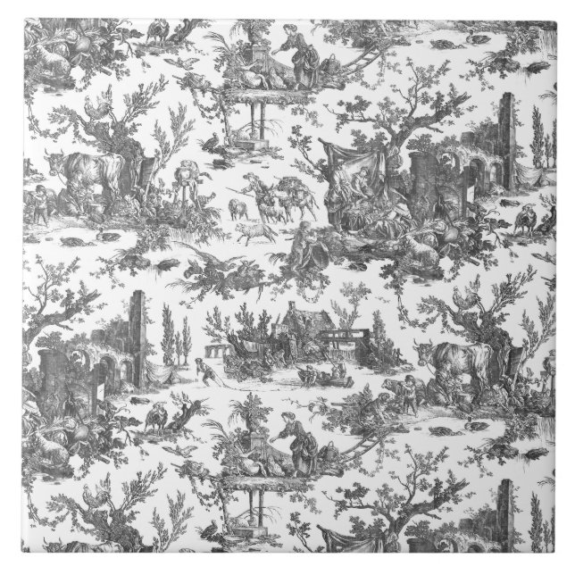 Carreau Vintage Rustique Ferme Français Toile-Noir & Blanc (Devant)