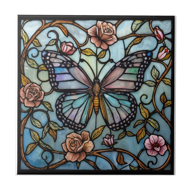 Carreau vintage stain glass blue butterfly art  (Devant)