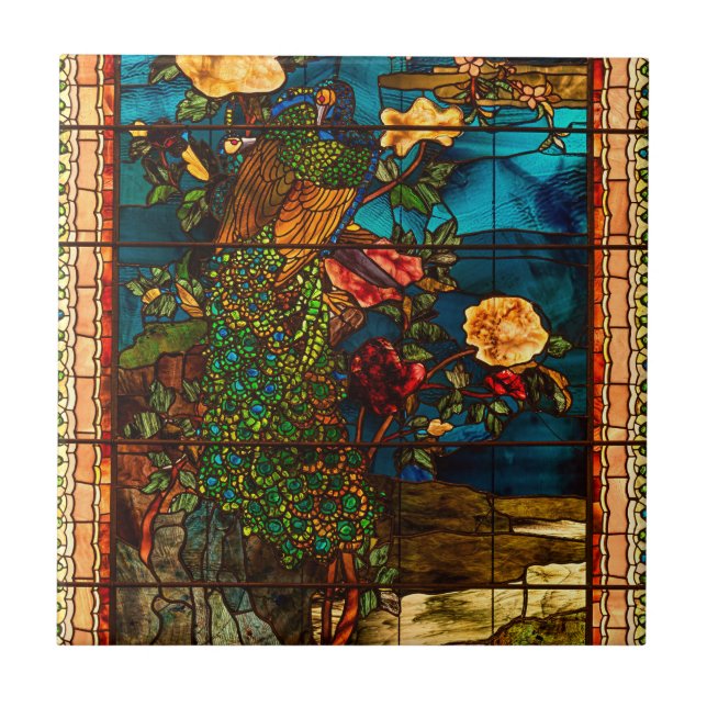 Carreau Vintage Stained Glass with Peacocks and Flowers (Devant)