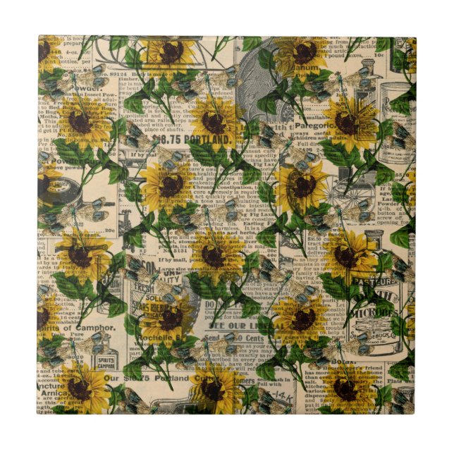Carreau Vintage Tournesol jaune journal libellule (Devant)