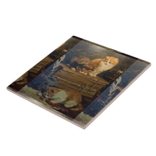 Carreau Vintage Van den Eycken Trois Chats sur un bureau