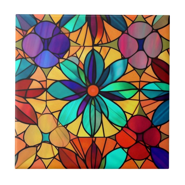 Carreau Vintage Verre coloré Floral Bleu Fleur (Devant)