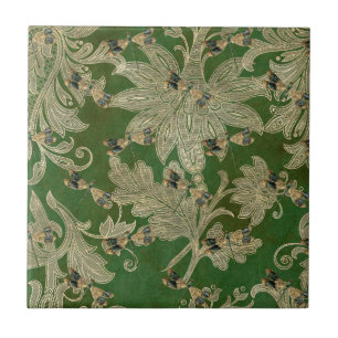 Carreau Vintage vert Tan Damask Floral Dragonflies